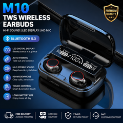M10 TWS Wireless Bluetooth 5.3 Earbuds with LED Display & HD Microphone | Deep Bass Earphones