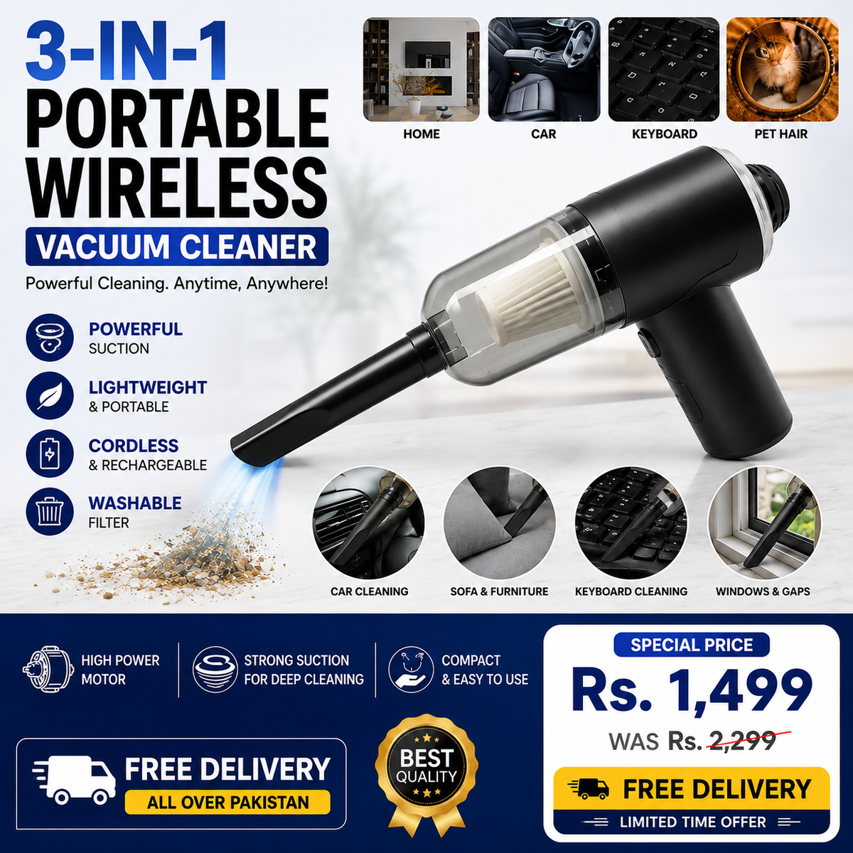 3-in-1 Portable Wireless Vacuum Cleaner | Mini Car, Home & Keyboard Dust Cleaner