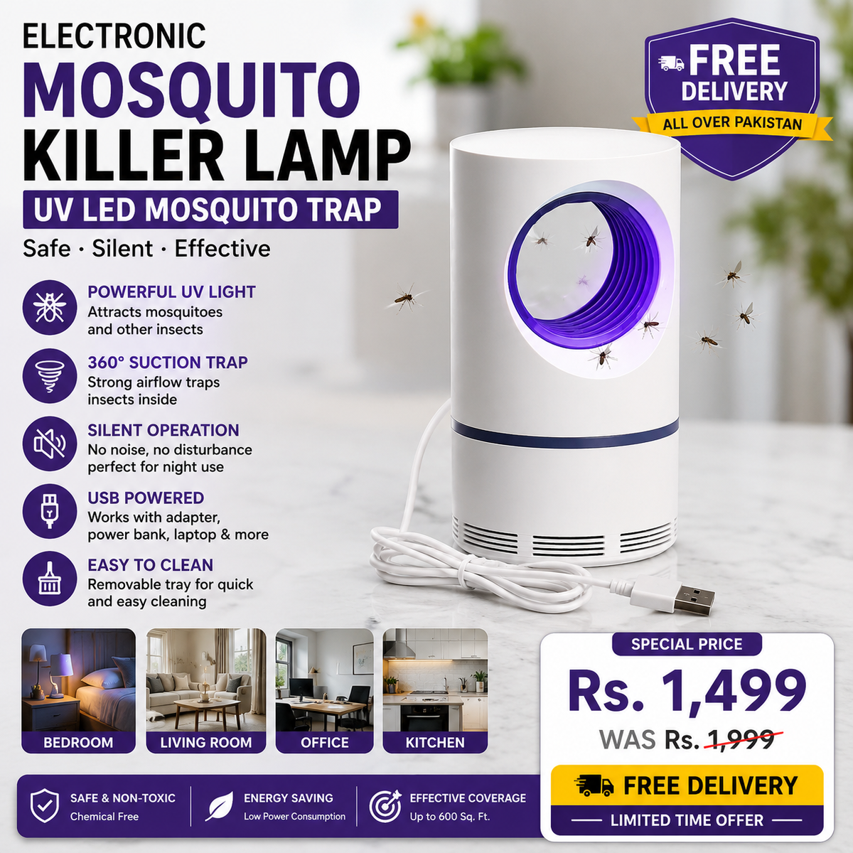 USB Electric Mosquito Killer Lamp – UV LED Mosquito Trap for Home, Bedroom & Office