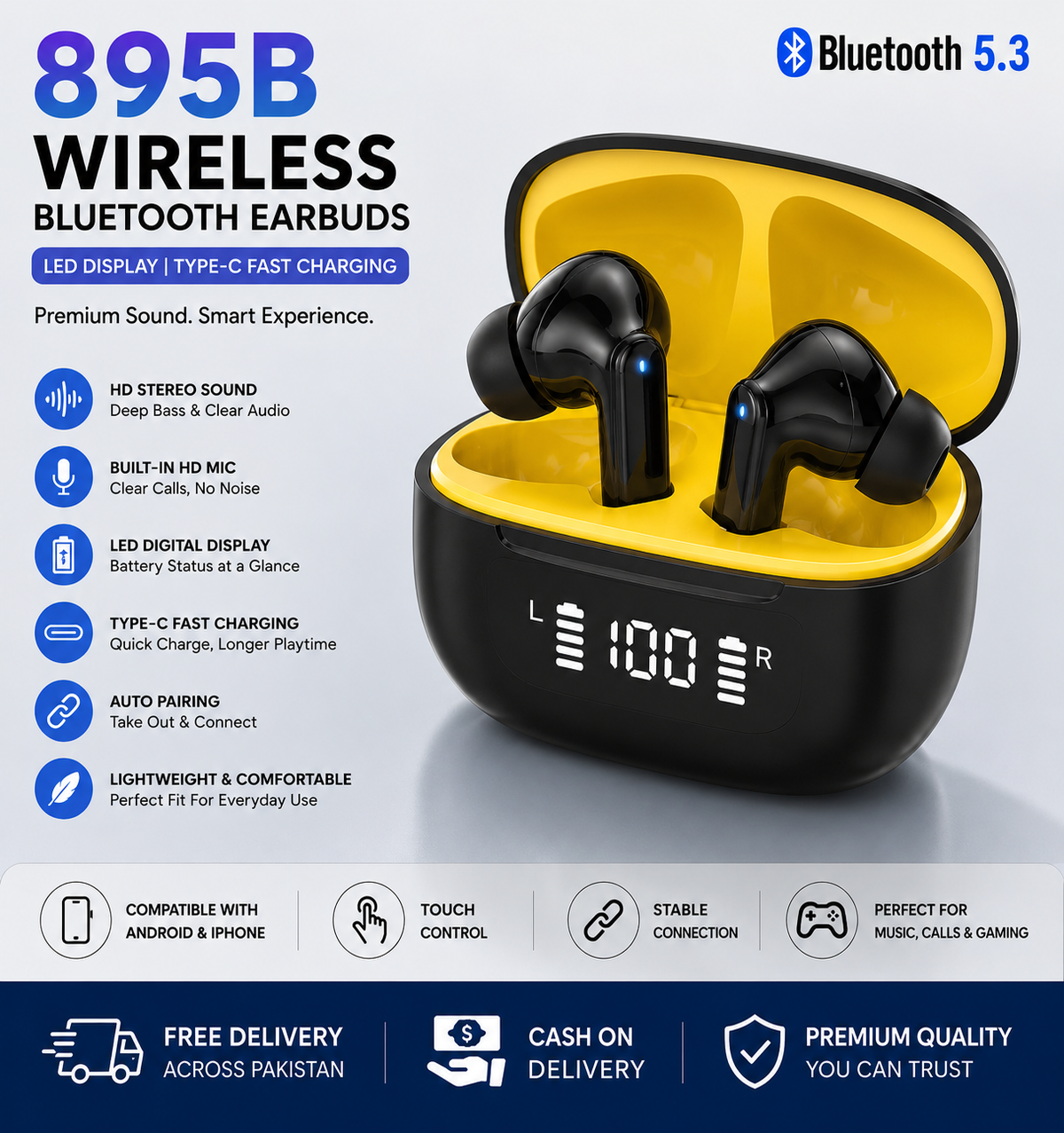 895B Wireless Bluetooth Earbuds with LED Display & Type-C Fast Charging | Android & iPhone Compatible