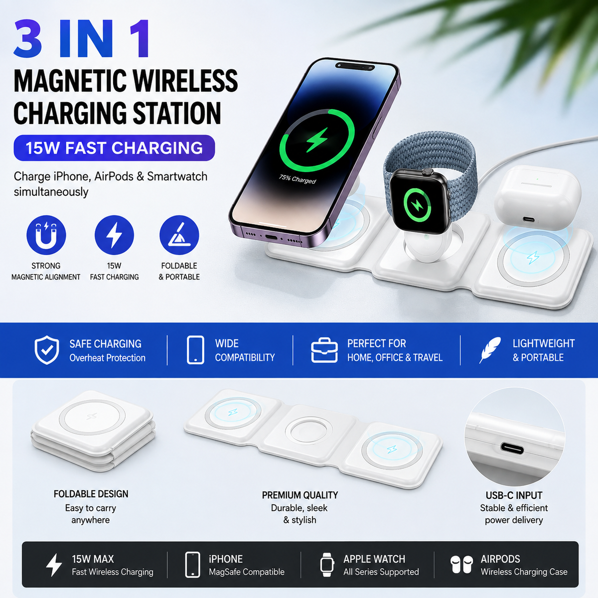 3-in-1 Magnetic Wireless Charging Station 15W Fast Charger for iPhone, Apple Watch & AirPods | Foldable Charging Pad