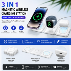 3-in-1 Magnetic Wireless Charging Station 15W Fast Charger for iPhone, Apple Watch & AirPods | Foldable Charging Pad